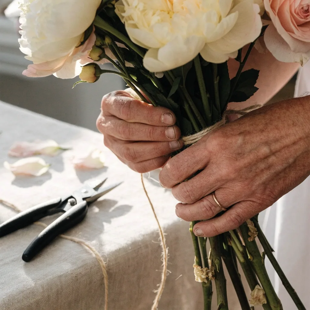 Hand-tied bouquet with loose stems on a birch bench