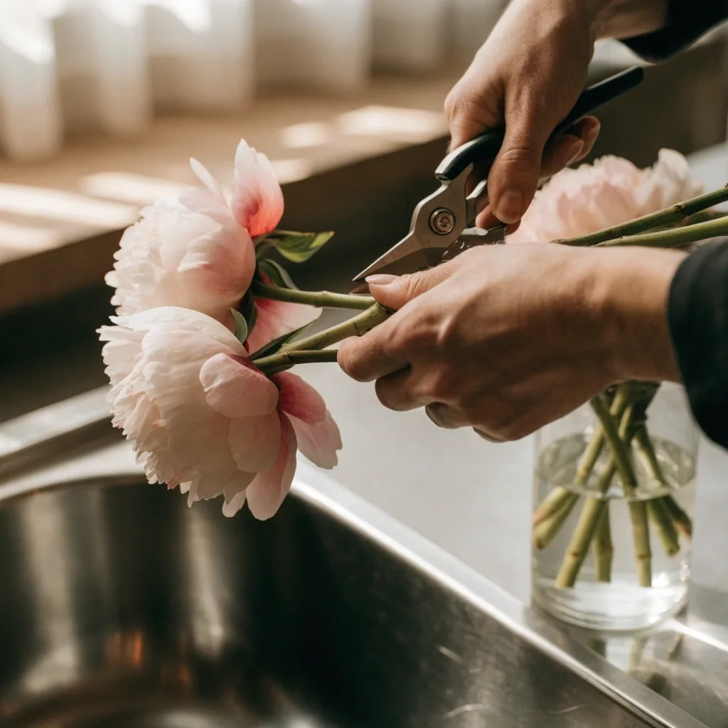 Hands trimming stems beside a vase of water
