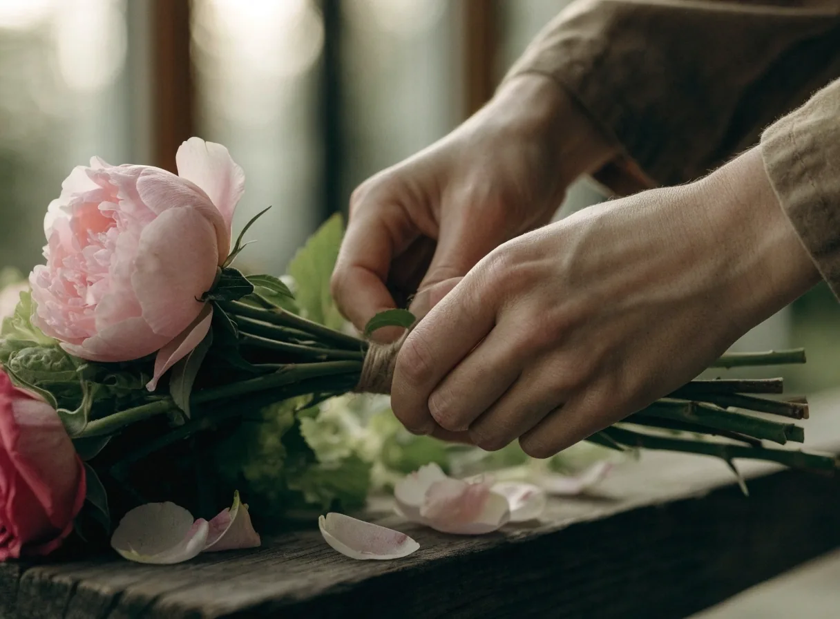Hands tying twine around fresh flower stems on the bench