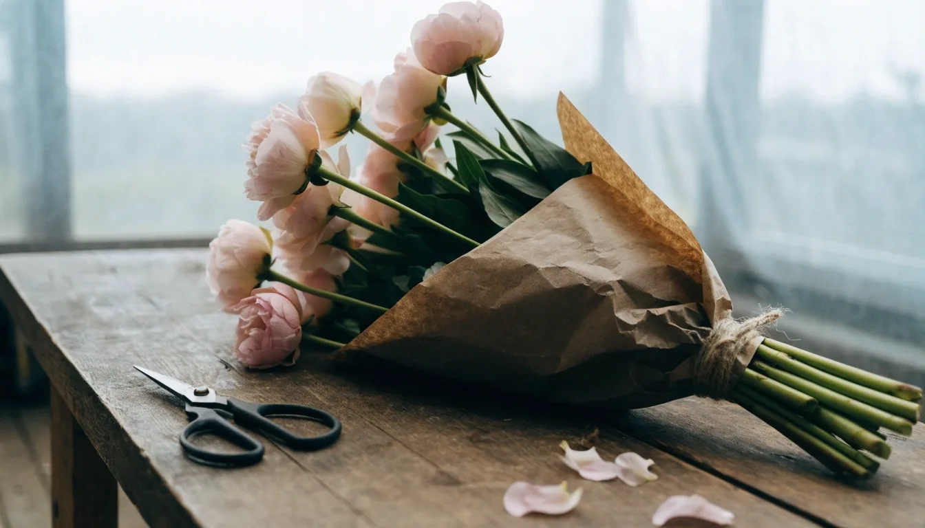 Paper-wrapped hand-tied bouquet lying on the bench