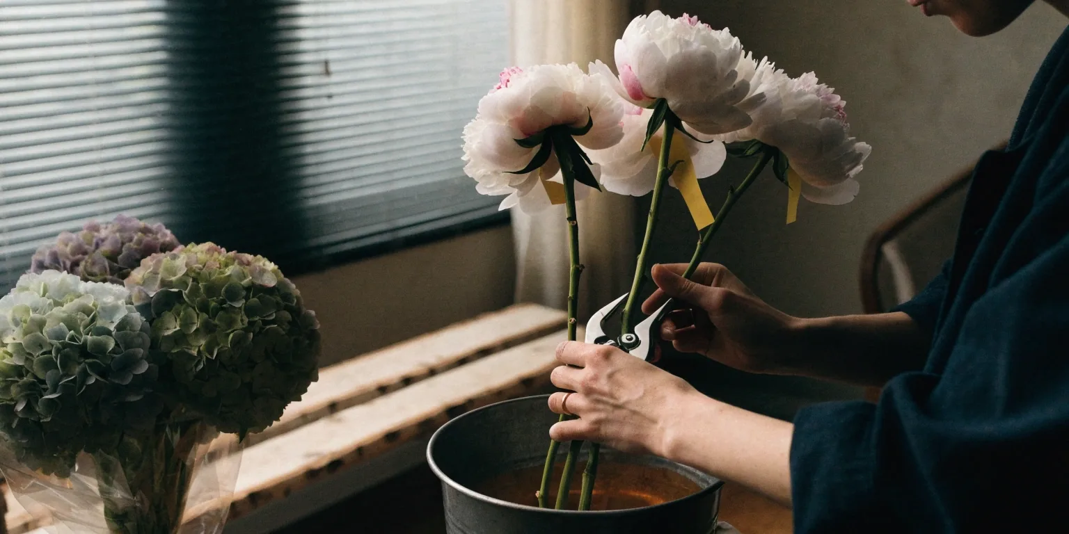 Quiet corner of the floral workroom with a bucket of cut stems