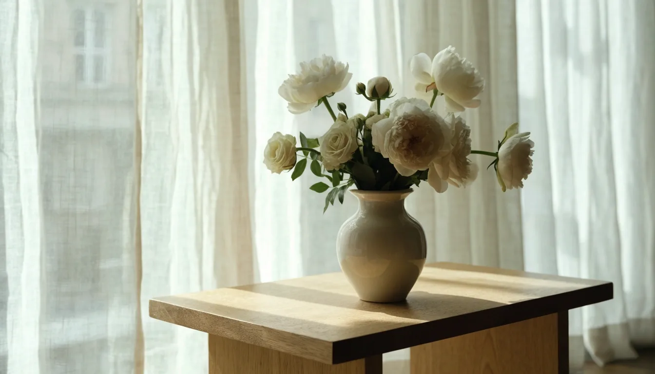 Quiet florist bench with kraft paper and pale blooms in soft morning light