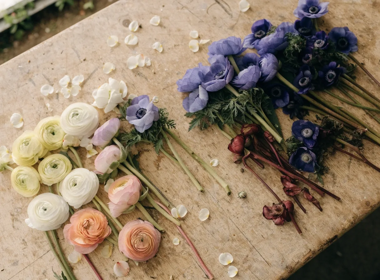 Seasonal blooms sorted in small piles on a florist bench