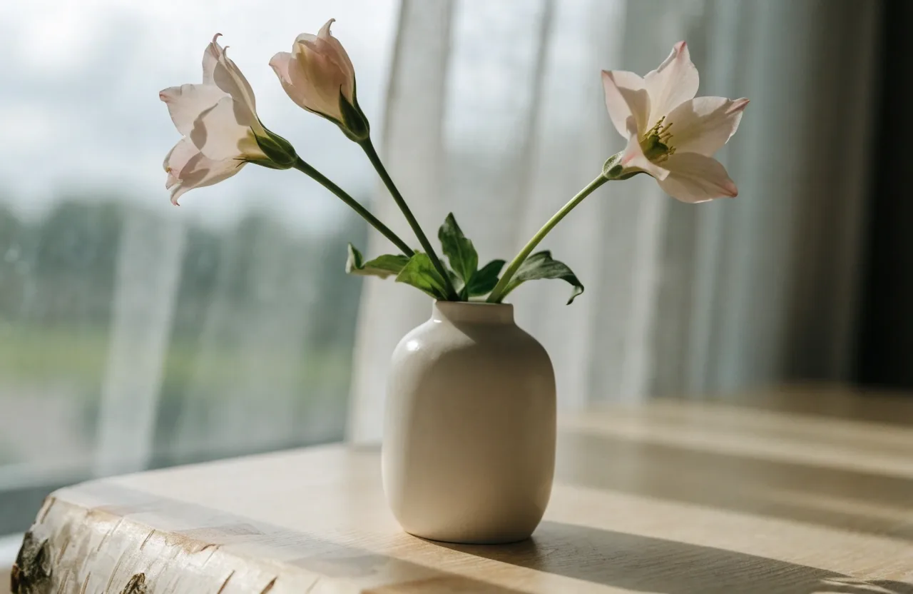 Small vase with white blooms on a birch table in soft daylight