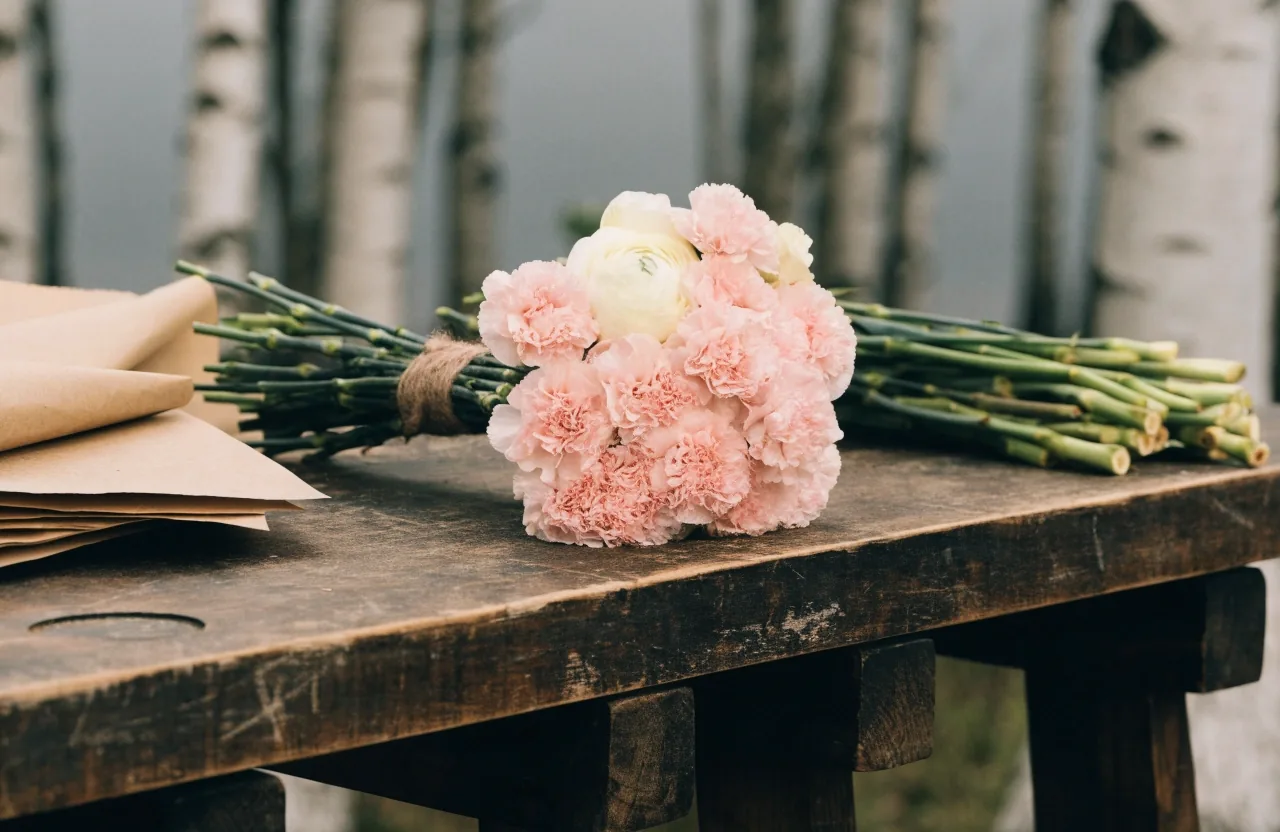 Hand-tied carnation bouquet resting on a florist wrapping bench