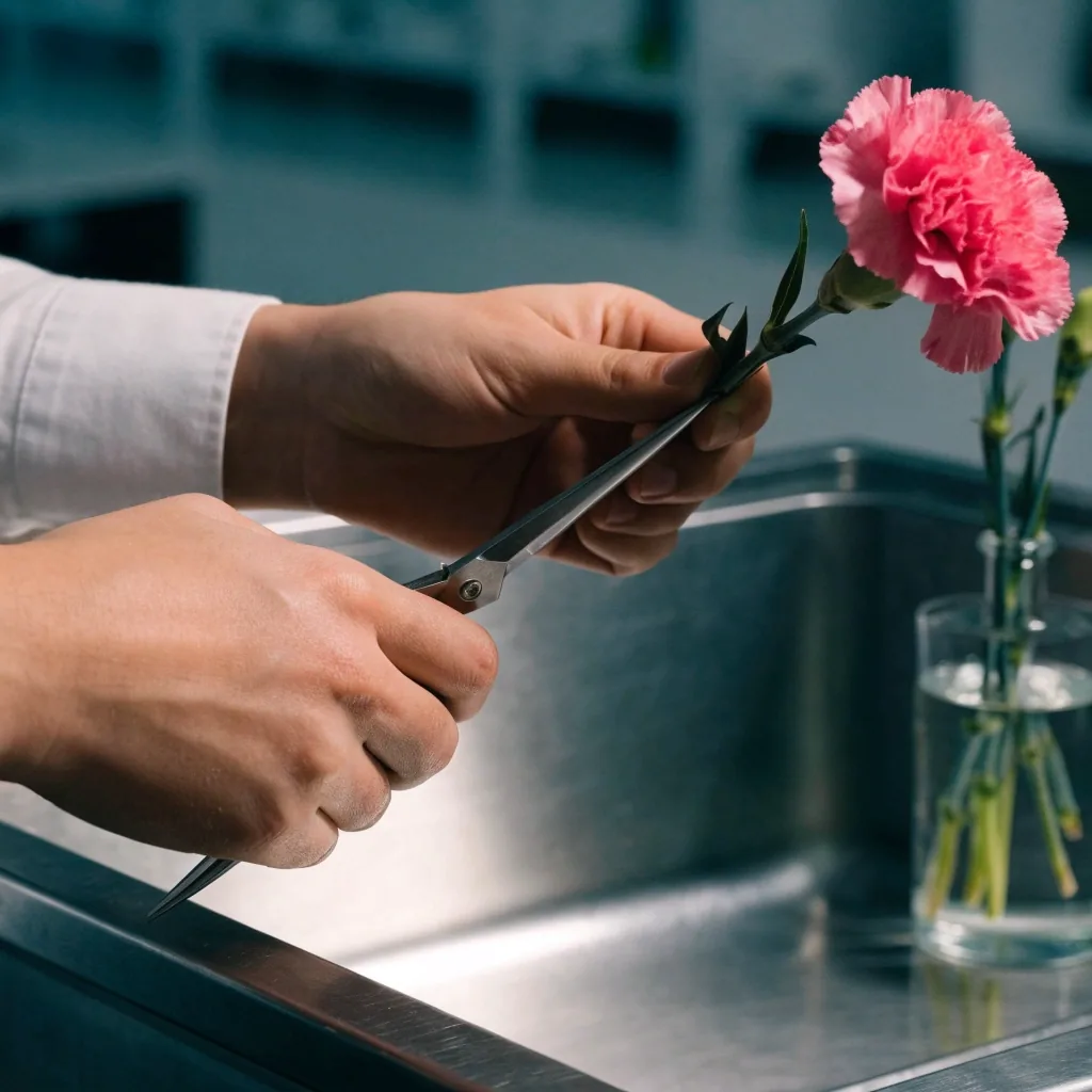 Hands trimming a stem at a bench sink beside water