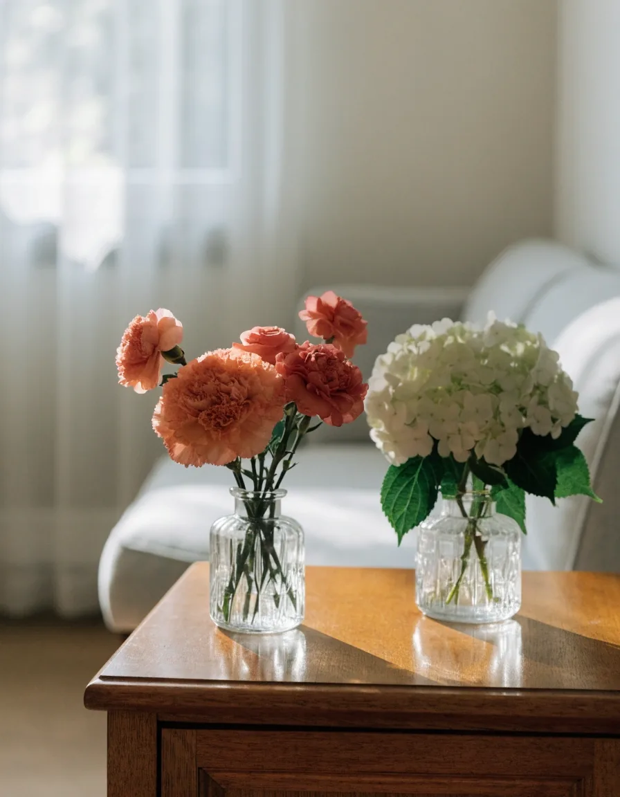 Warm and cool flower palettes arranged in a living room