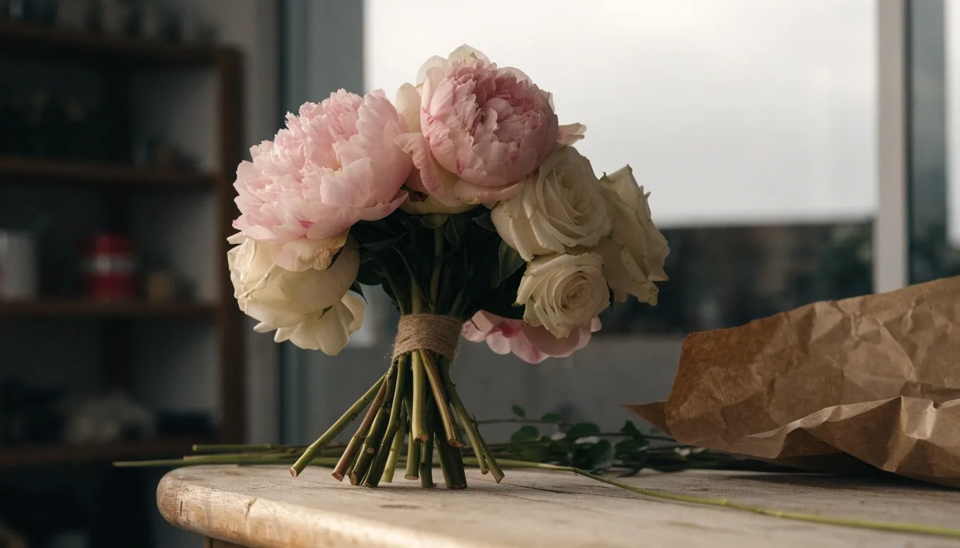 Hand-tied peonies and roses on a florist wrapping bench