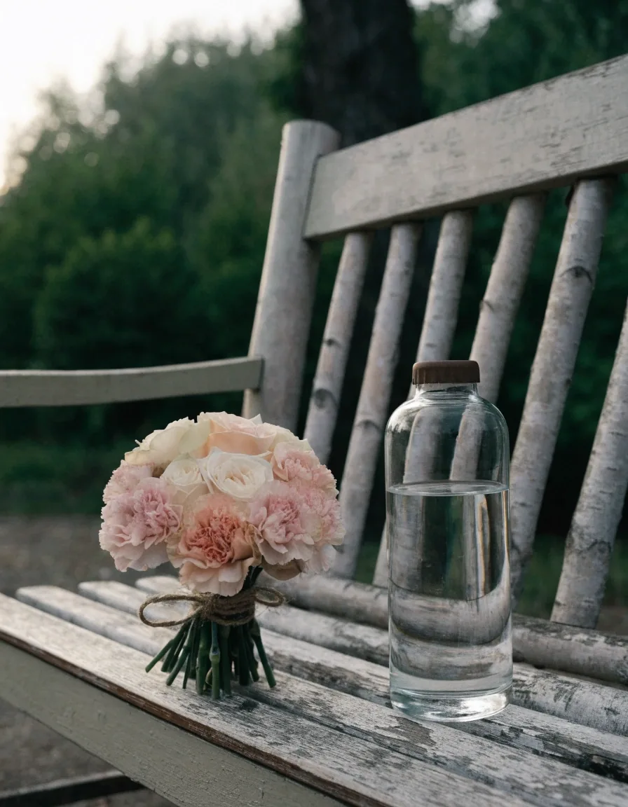 Mixed birthday bouquet and bud vase on bench