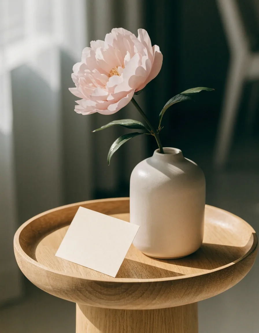 Single stem in a vase with a handwritten card