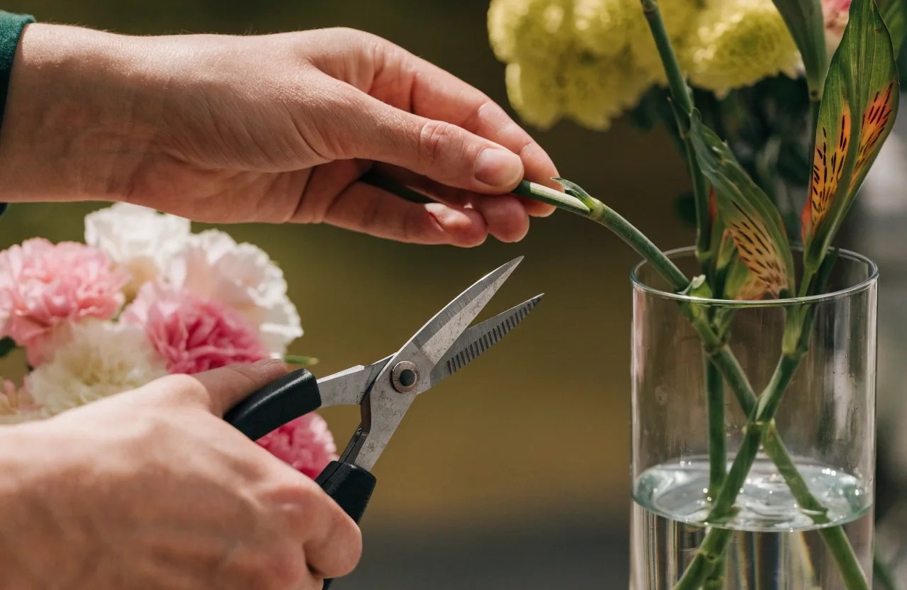 Hands trimming a stem beside a vase of water