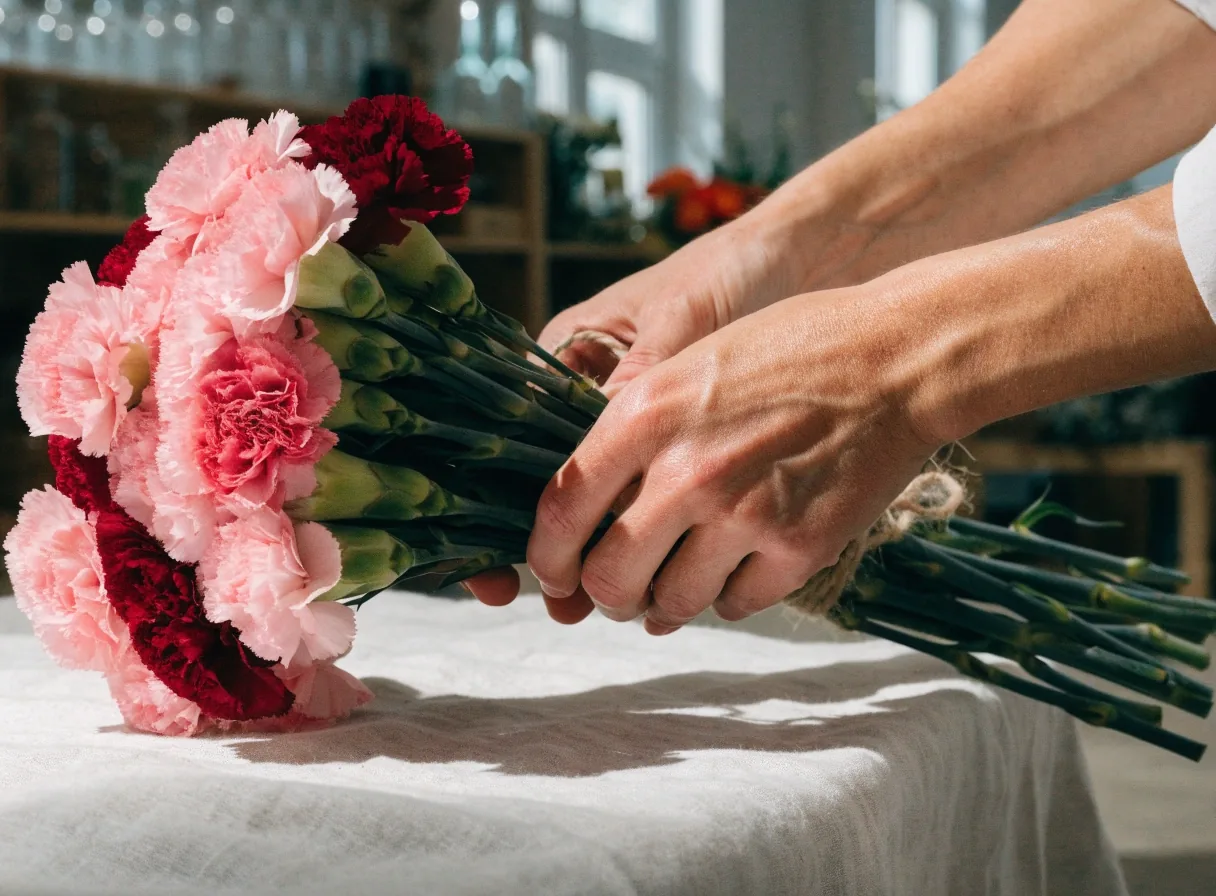 Pink and red carnations tied with twine on paper