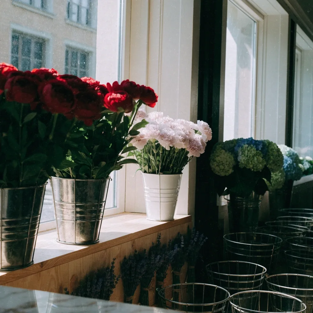 Hand-tied peonies and hydrangea bound with twine on a florist wrapping bench