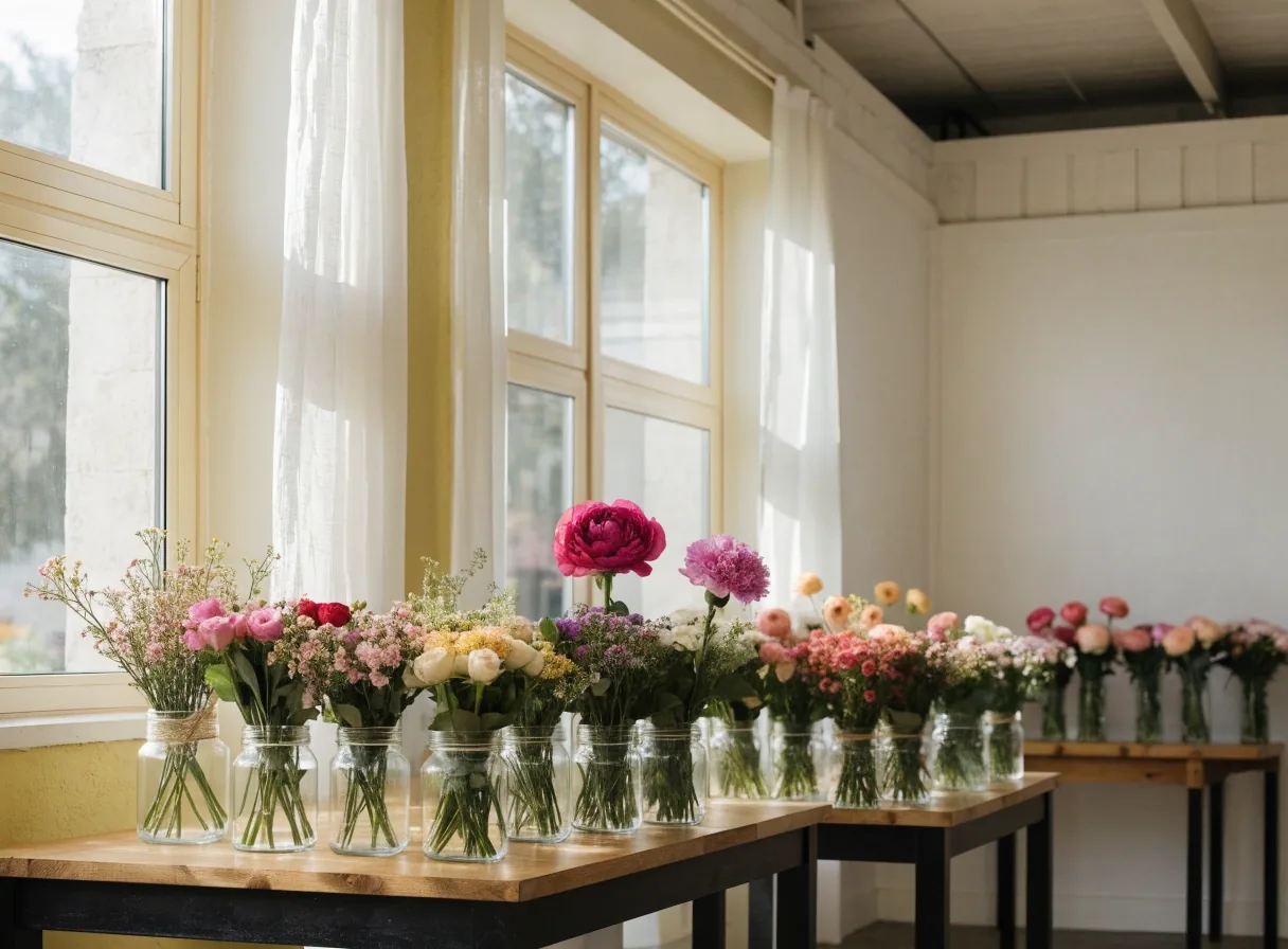 Low garden arrangement of cut stems on bench edge