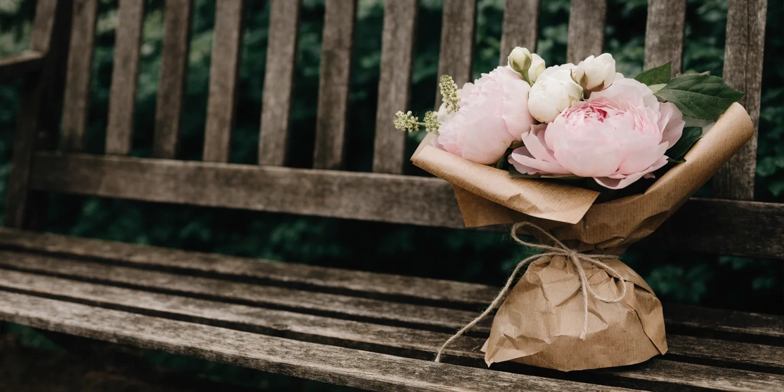 Hand-tied peony bouquet wrapped in kraft paper on a bench