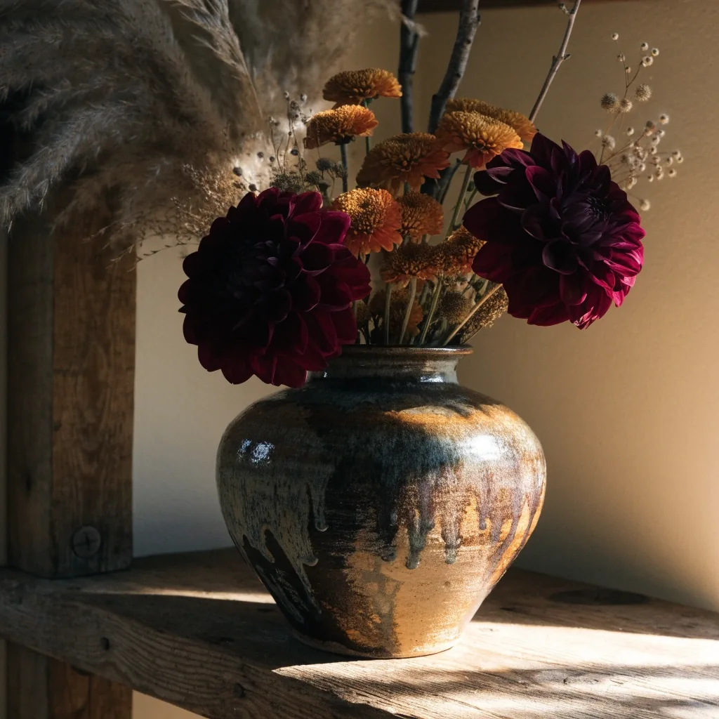 Fall chrysanthemums with grasses and branches