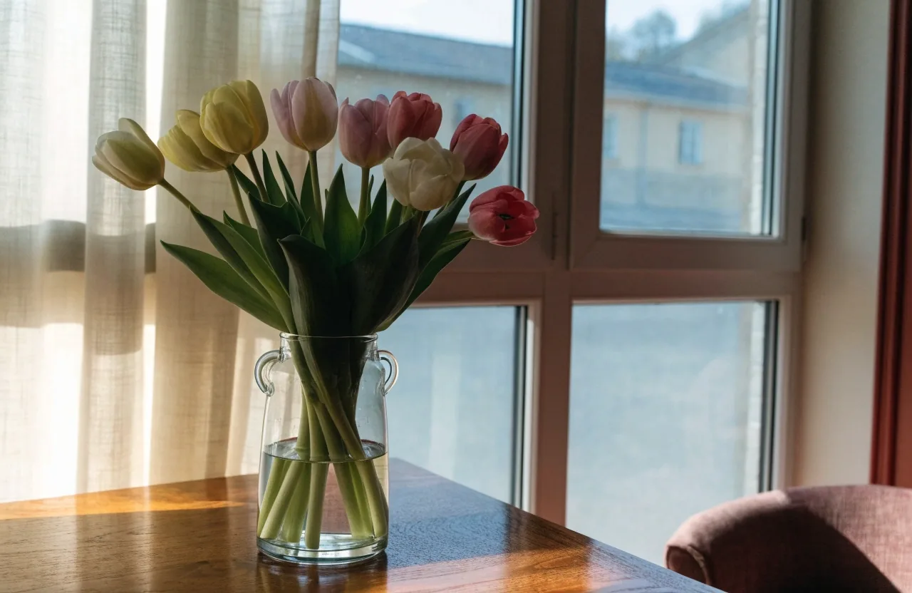 Single bunch of seasonal tulips in a home vase