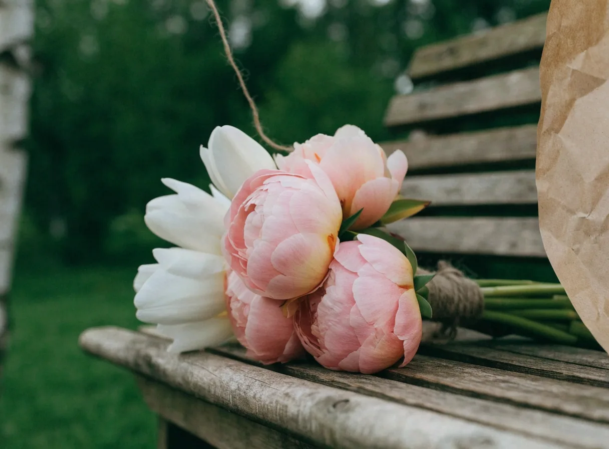 Spring peonies and tulips tied on a bench