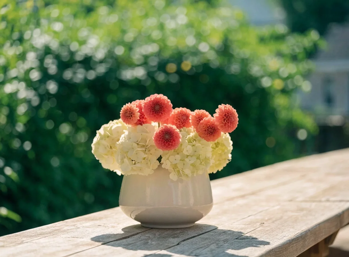 Summer dahlias and hydrangea in a full armful
