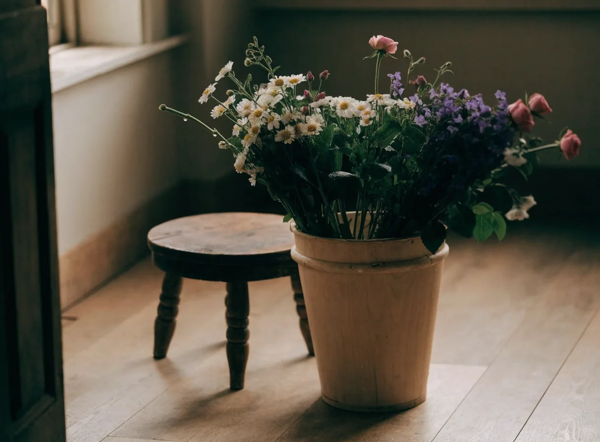 Bucket of fresh cut blooms in a quiet workroom corner