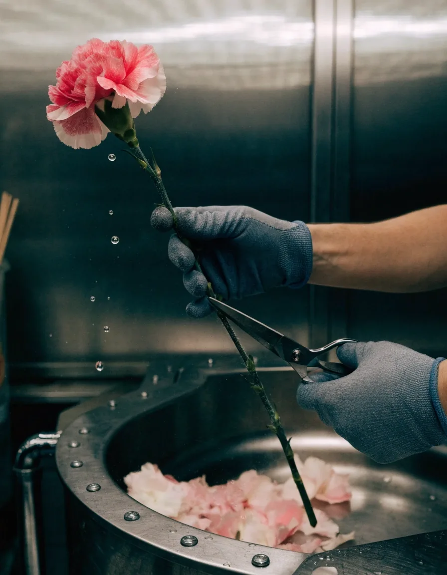 Hands trimming a flower stem at a bench sink