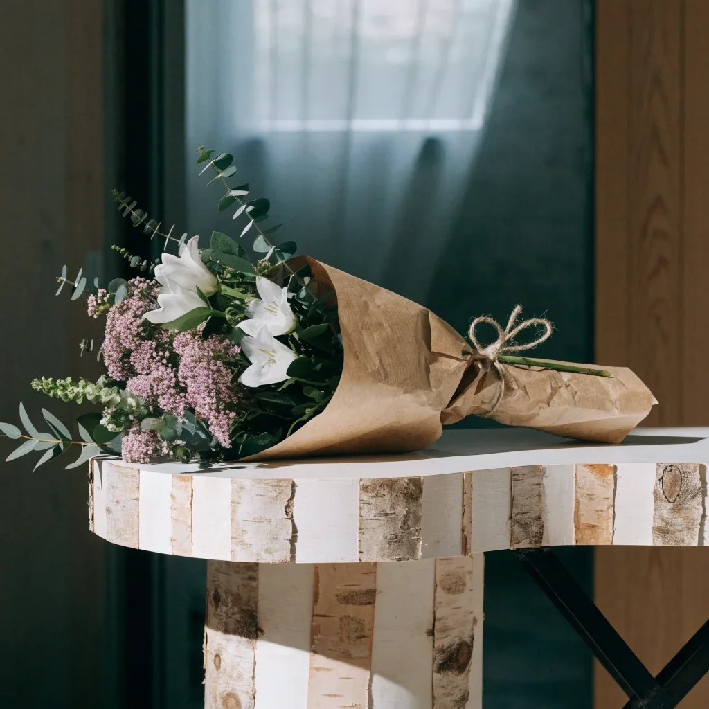 Wrapped hand-tied bouquet resting on a florist wrapping bench